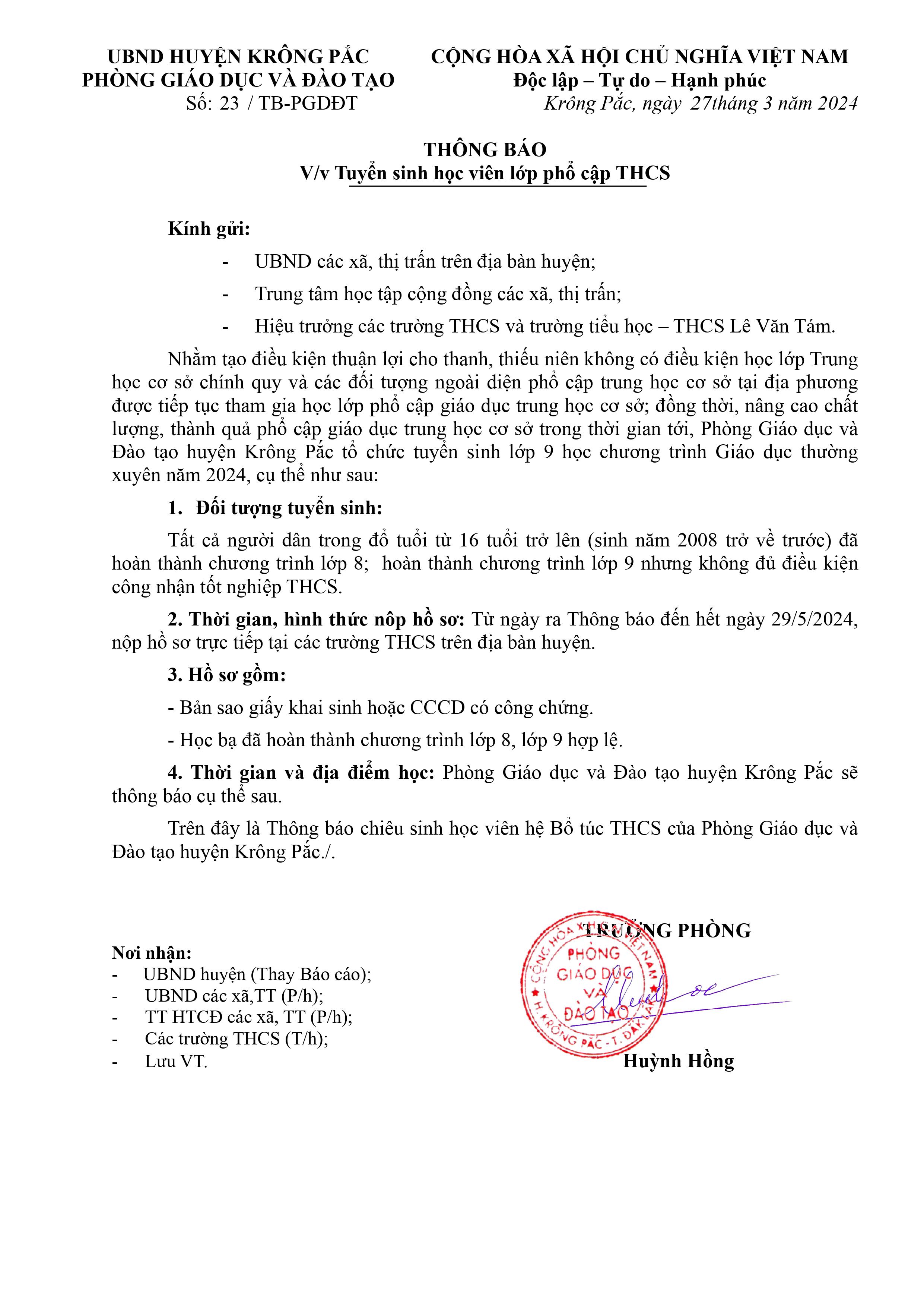 THÔNG BÁO TUYỂN SINH HỌC VIÊN LỚP PHỔ CẬP THCS